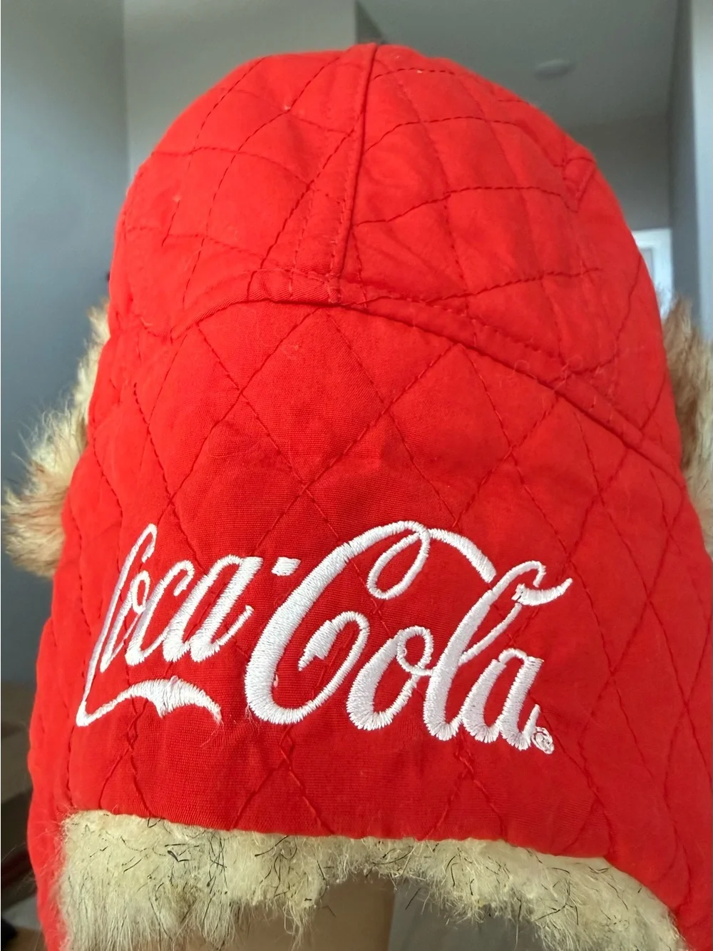 Coca Cola Bright Red Quilted Trapper Hat with Faux Fur Trim